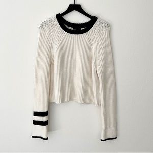 Rag & Bone Chunky Knit Crew Sweater in Cream with Black Sleeve Stripes